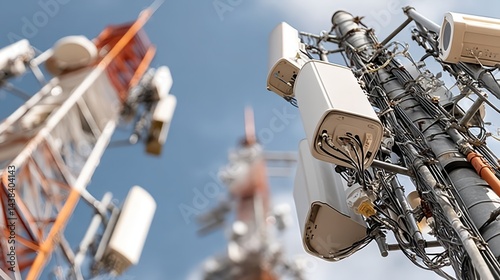 Telecommunications Tower with Wireless Antennas and Equipment Against a Cloudy Blue Sky Background