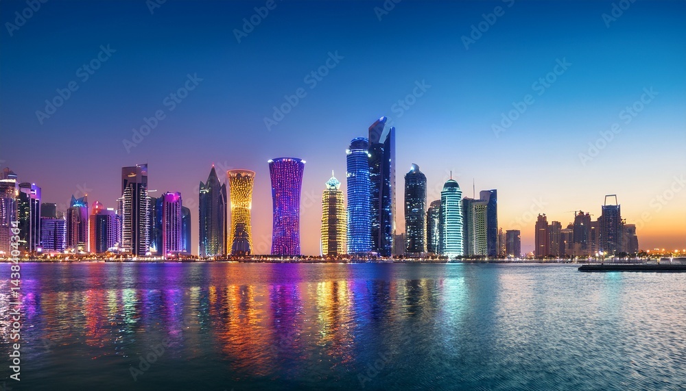 Fototapeta premium beleuchtete skyline in west bay doha katar