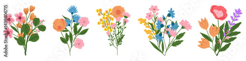 Flower bouquets. Blooming garden and wild plants in beautiful bouquet, blossom bunch and botanical gift vector set.