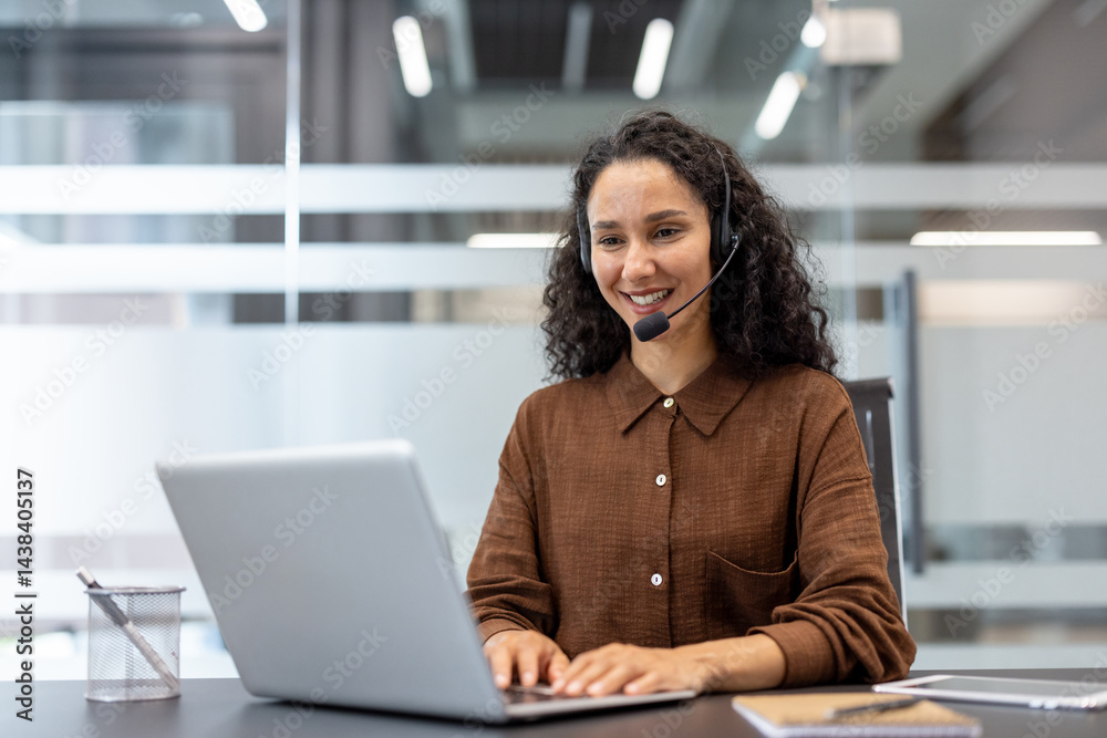 Support service worker working inside office with laptop and headset. Businesswoman using laptop for video call, online business meeting conference.