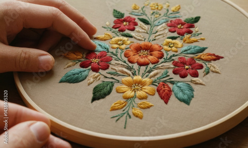 A close-up view of someone working on an embroidery project, with threads and fabric visible