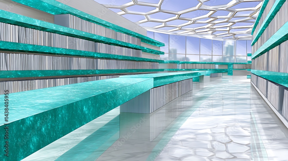 Obraz premium Modern library with turquoise counters & honeycomb ceiling, overlooking a city