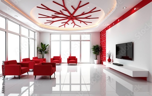 Modern living room interior design with red furniture and white walls. Bright and spacious room with large windows. photo