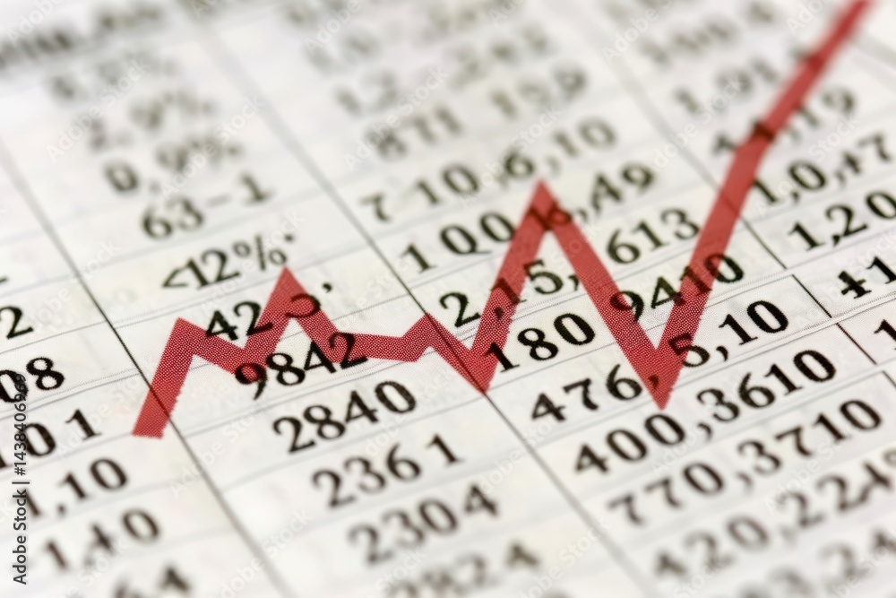Financial data with a rising graph overlay. Financial data with a rising graph overlay.
