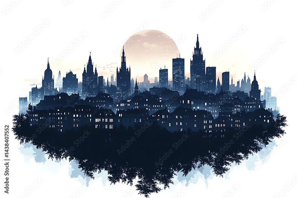 Naklejka premium Abstract cityscape silhouette with moonlit sky blue tones urban landscape illustration