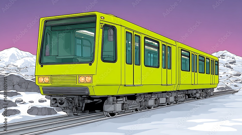 Fototapeta premium A bright yellow light rail train travels through a snowy mountain pass at dusk