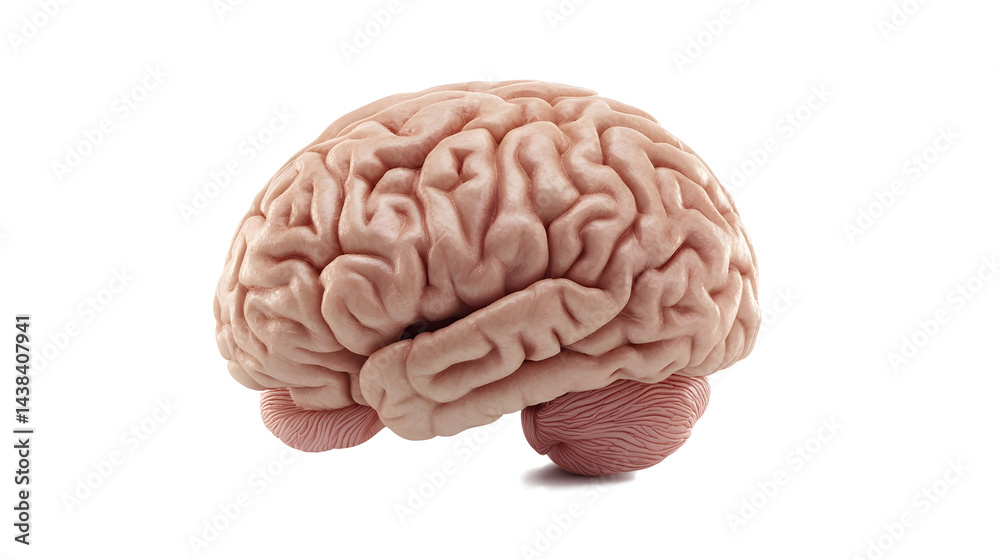 A brain is shown in a white background. The brain is pink and has a red spot on it
