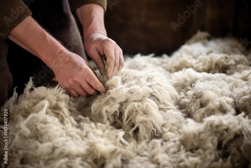 Old man gathers sheared sheep wool from ground on farm yard closeup. Mature farmer processes animal fur in ancient way outdoors. Traditional crafts of woven material producing at countryside
