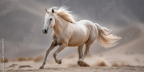 Majestic white horse galloping across a sandy desert landscape