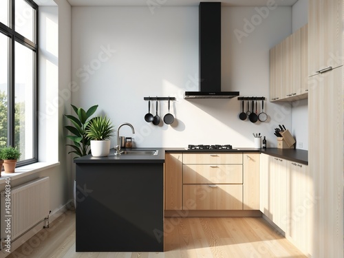 Modern kitchen interior with light wood cabinets, black countertops, and island. Sunlight streams through a large window. photo