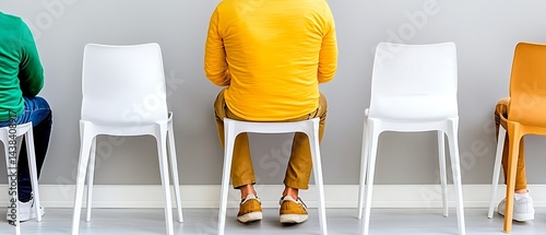 People sit on chairs against a wall, backs face the camera