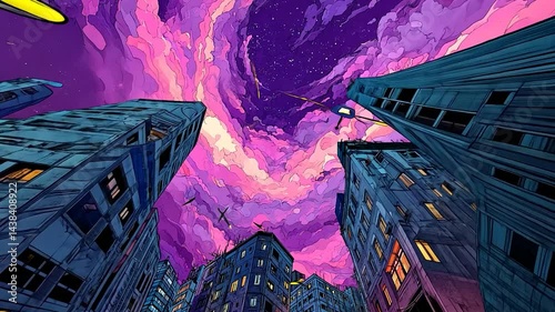 Skyscrapers pierce vibrant purple sky with flying vehicles