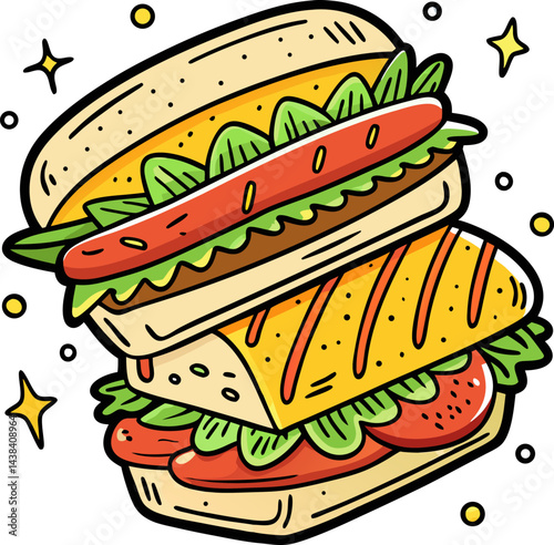 vector illustration of a sandwich, cartoon food clipart illustration, isolated and in food clipart icon