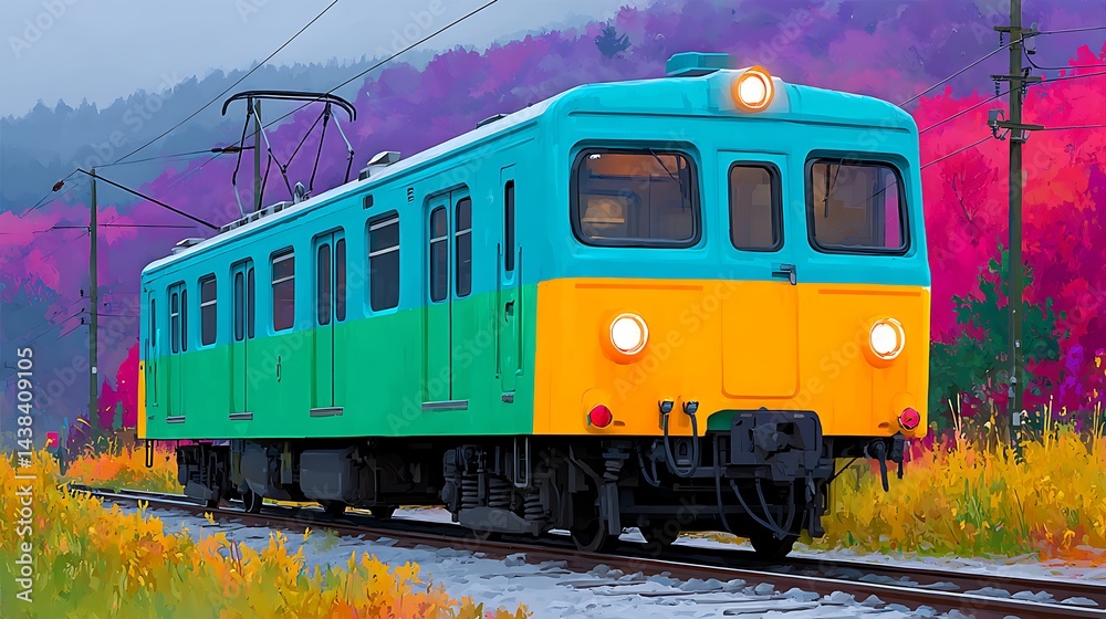 A teal and yellow train travels through a vibrant autumn landscape