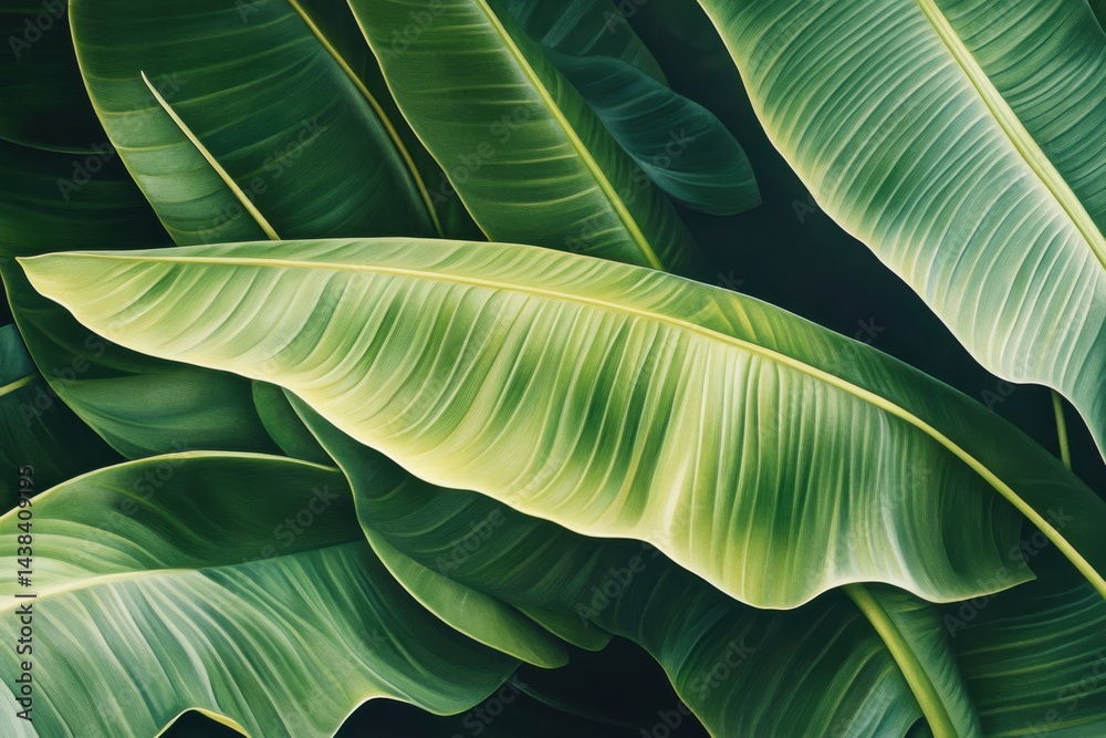 Obraz premium Vibrant green leaf, tropical foliage, glossy surface, large banana leaf,