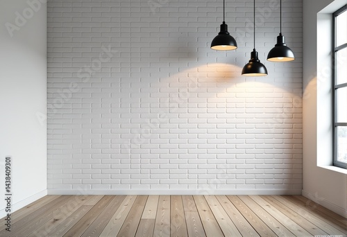 Empty modern room with white brick wall, wooden floor, and hanging lamps. Perfect for interior design projects.
