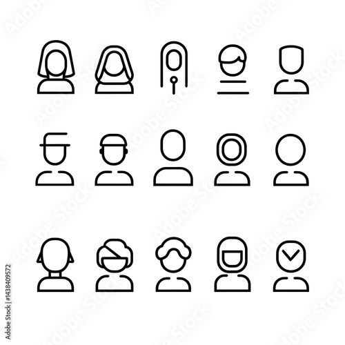 Collection of diverse user avatar line icons representing different people and professions for user interface design.