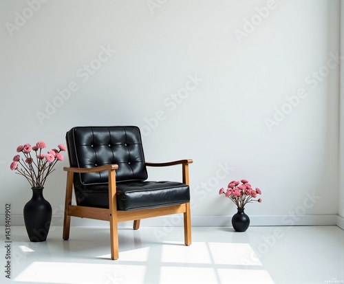Stylish black leather armchair in a bright minimalist room with pink flowers. photo