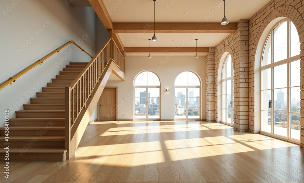 Obraz premium Bright and airy loft apartment with wooden stairs and city views. Ideal for real estate, interior design, or architecture websites.