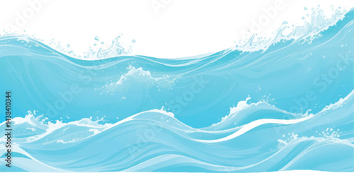 Serene and peaceful watercolor ocean waves in shades of blue and white, capturing the essence of a large tropical water splash, with the smooth fluidity of a cartoonish tsunami wave effect.
