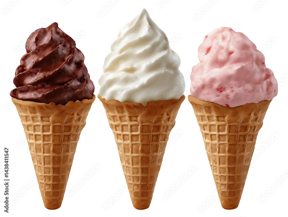 Three Ice Cream cones with chocolate, vanilla, and strawberry ice cream, isolated on white or transparent background Three Ice Cream cones with chocolate, vanilla, and strawberry ice cream, isolated on white or transparent background