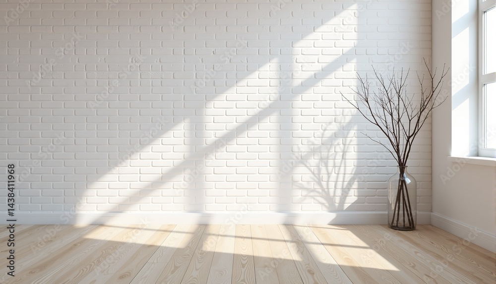 Obraz premium Bright and airy minimalist room interior with white brick wall, wooden floor, and sunlight streaming through window.