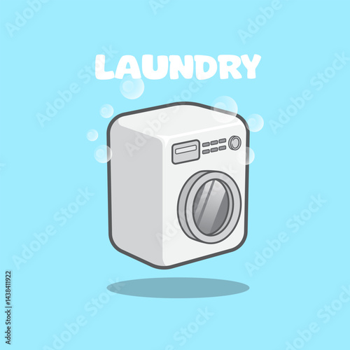 Cute Washing Machine Cartoon Vector Illustration with Bubbles and Laundry Text