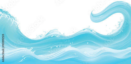 Beautiful, fluid layers of blue ocean waves with soft white accents, rendered in an abstract watercolor style to evoke the calm and power of a tropical ocean wave crashing in a flat cartoon design.
