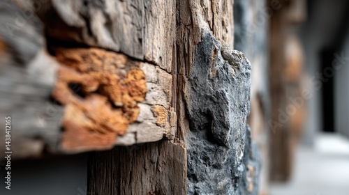 Rustic wood and stone wall detail