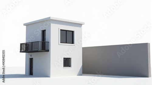 Modern small white house with balcony, rendered in 3D against a white background. Ideal for real estate or architecture presentations. photo