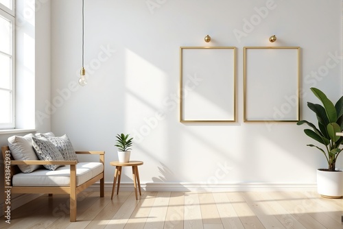 Bright and airy living room interior with minimalist decor, featuring a wooden sofa, potted plants, and empty gold frames on a white wall.