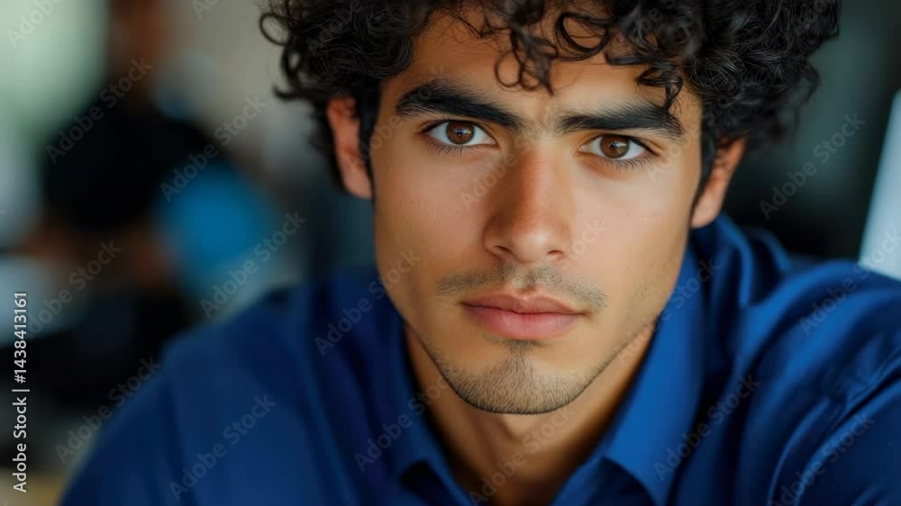 Man in blue collared shirt looking off to the side, serious demeanor