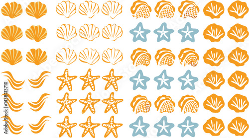 Seashells and Starfish Composition: A captivating design featuring a collage of sea shells, starfish, and wave illustrations, evoking a sense of coastal charm and marine life beauty.