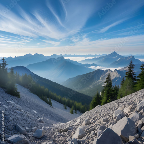 Misty Mountain Peaks, Bathed in Dawn's Light, Serene and Majestic in Their Rugged Beauty 
