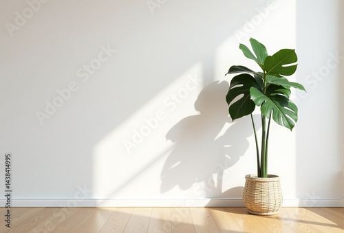 Minimalist interior scene with a large monstera deliciosa in a wicker pot against a white wall. Sunlight streams in, creating a shadow.