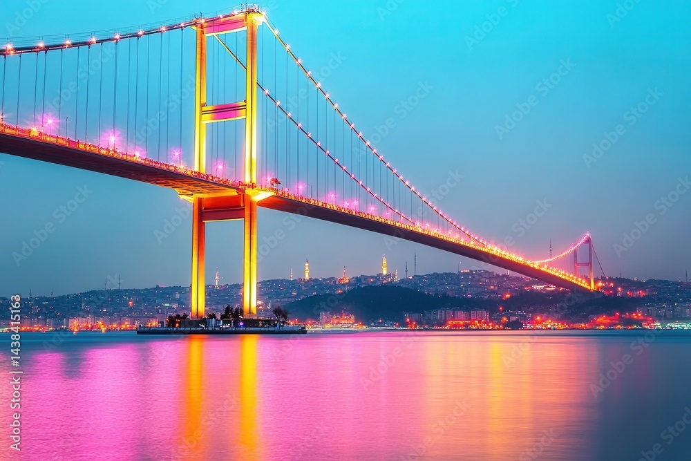 Naklejka premium Vibrant Evening Lights on Iconic Bridge Over Calm Water Surface