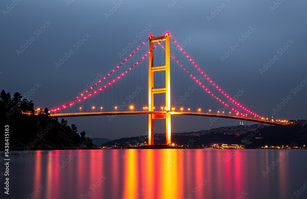 Naklejka premium Illuminated Suspension Bridge Over Water at Night with Reflective Lights