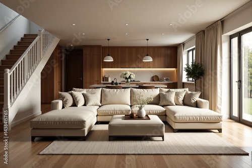 Modern open-plan living room interior with beige sectional sofa, wooden kitchen and staircase.