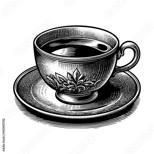 hot coffee cup engraving black and white outline. Scratch board imitation.  illustrated in vintage line art style on a white background.