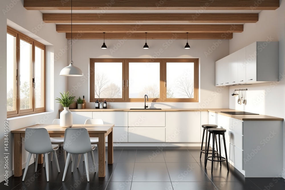 Fototapeta premium Modern kitchen with white cabinets, wooden beams, and natural light.