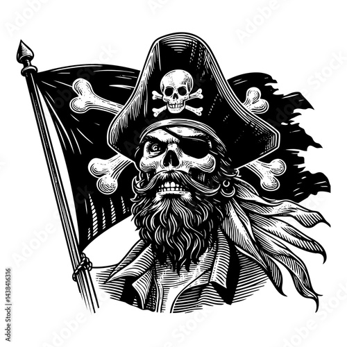Pirate holding pirate flag waving sketch engraving black and white outline. Scratch board imitation.  illustrated in vintage line art style on a white background.