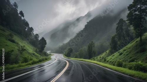 A winding, wet road meanders through a lush green landscape,