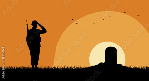 Soldier saluting sunset near a gravestone  