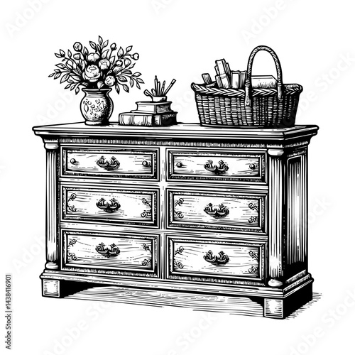 Wooden dresser sketch engraving black and white outline. Scratch board imitation.  illustrated in vintage line art style on a white background.
