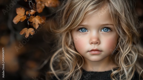 Girl with blue eyes, autumn leaves background, portrait photography, child model