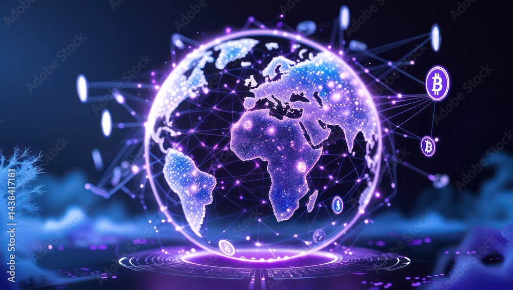 Obraz premium Global bitcoin network cryptocurrency blockchain technology world finance digital currency connection