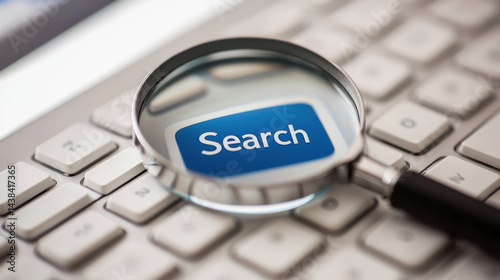 Magnifying glass on keyboard; search button; online research; office background; website concept