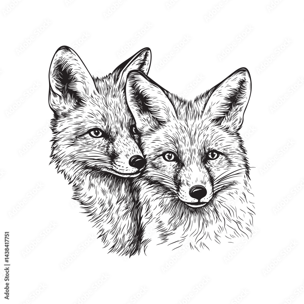 Fototapeta premium Hand drawn illustration a pair of foxes - fox head sketch
