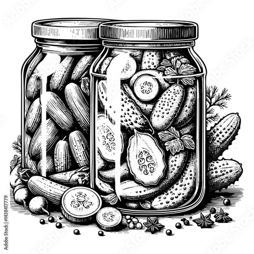 Cucumber pickle in jar engraving black and white outline. Scratch board imitation.