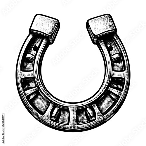 Horseshoe sketch engraving black and white outline. Scratch board imitation.  illustrated in vintage line art style on a white background.